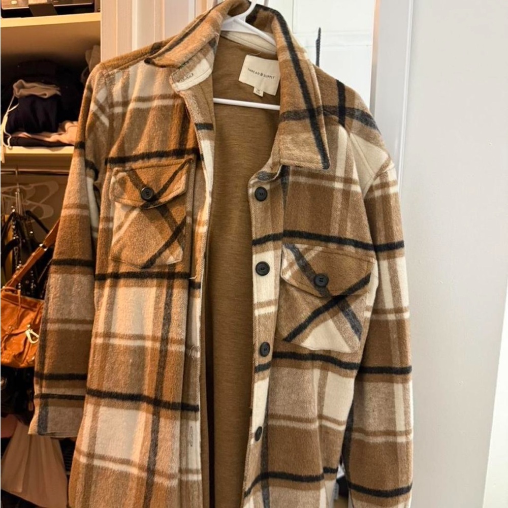 Nordstrom Plaid Pea Coat in Brown and Cream